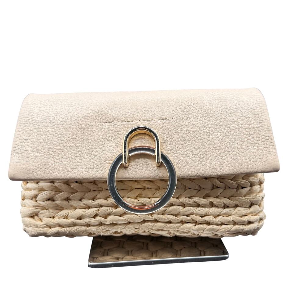 Vince Camuto Woven Straw Raffia Clutch Cream Leather Foldover Bag
